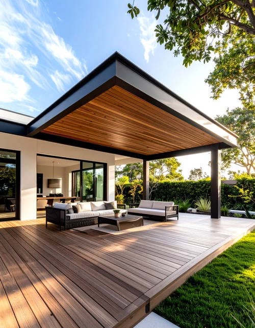Phối cảnh minh họa mái hiên trần tông gỗ phía trên sofa, kết nối khoảng sàn ngoài nhà với sân cỏ.