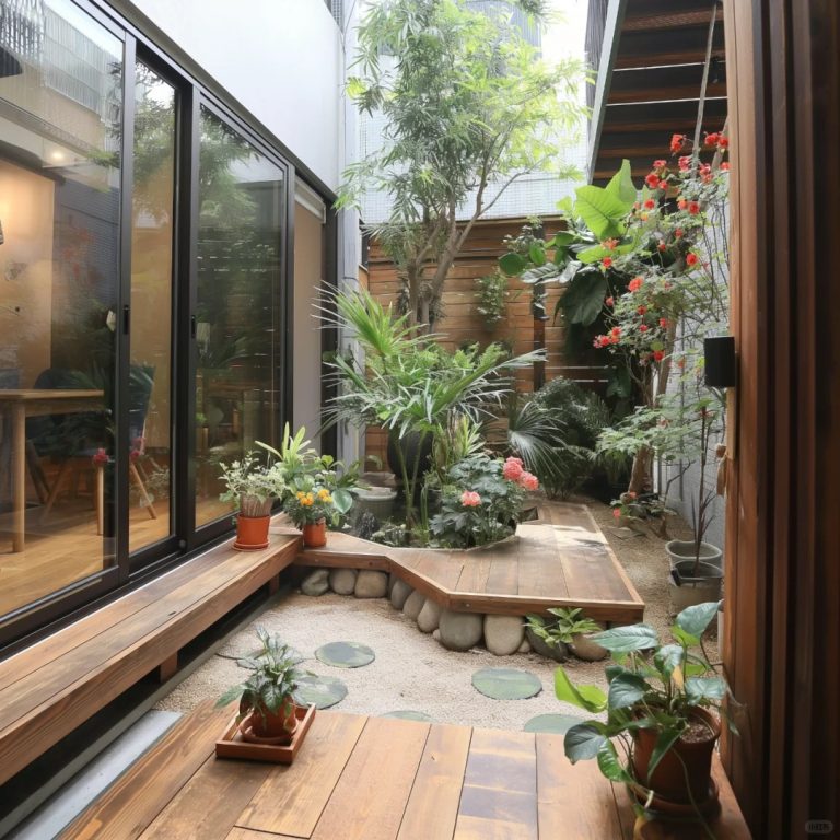 Hình tham khảo dải sàn gỗ sát cửa kính kết nối các khoảng sân nhỏ có cây xanh và nền sỏi