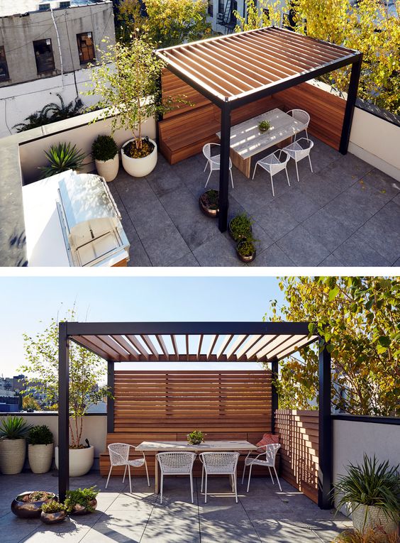 Hình tham khảo pergola trên sân thượng với bàn ăn, lam bên và chậu cây bố trí quanh mép sân